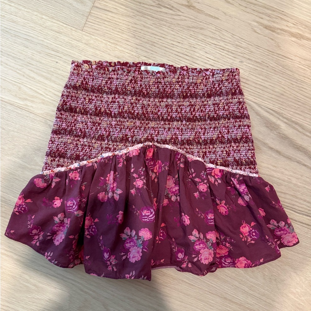 LoveShackFancy Burgundy Floral Mini Skirt